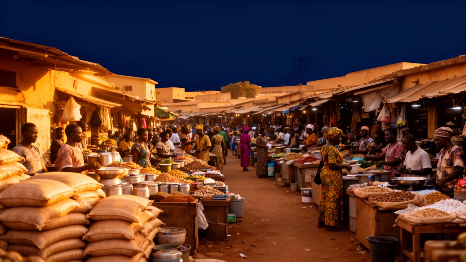 Bustling Liberian marketplace at golden hour
